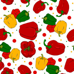 Seamless pattern with bell peppers: green, yellow and red, color illustration for wallpaper, wrappers