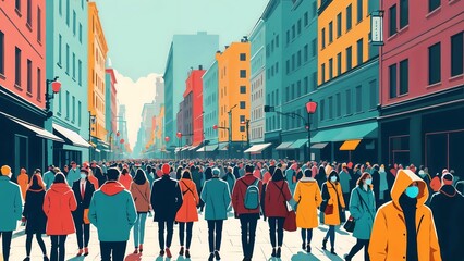 illustration in flat colors people walking on the street