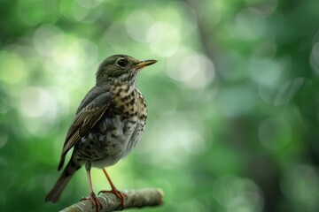Fototapeta premium Bird perched on branch with green bokeh background