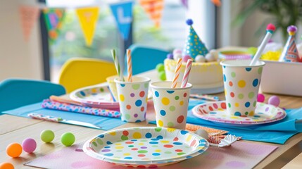 A table set with birthday-themed plates cups and napkins