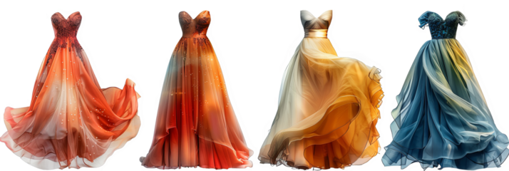 Elegant evening gowns in different colors and styles glamour transparent background