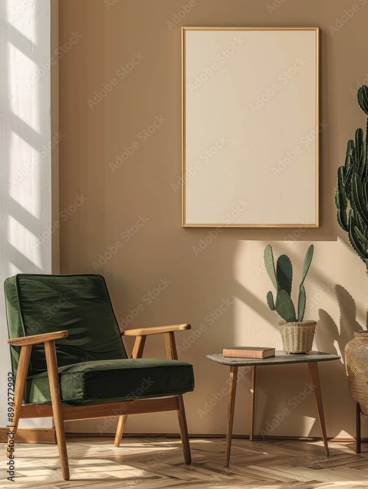 Wall mural Modern minimalist home decoration with an empty frame on a gray wall. A wooden chair, cactus plant, and floor lamp are in the background.