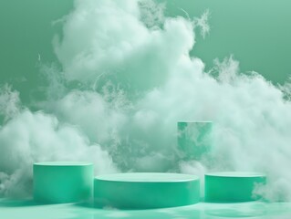 Fantastical digital art depicting a surreal floating island chain with misty green mountains and abstract cloud formations.