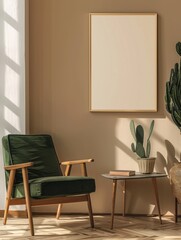 Modern minimalist home decoration with an empty frame on a gray wall. A wooden chair, cactus plant, and floor lamp are in the background.