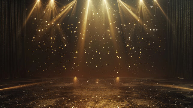 Abstract background with stage lights, dark room for product presentation. Showroom with spotlight and starry sky. Background for display of products on stage in the theater or studio