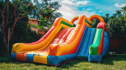 Brightly colored bouncy castle and slide set on grass, ideal for children's play and parties.