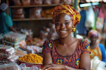 Happy African female trader preparing to sell goods in market.