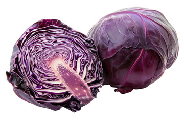 Fototapeta premium Whole red cabbage Cut it in half to reveal the purple layer. Isolated on a white background.