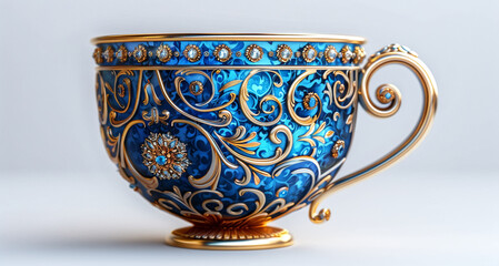 
cup in Fractal Rococo style Isolated on white background with blue and gold intricate