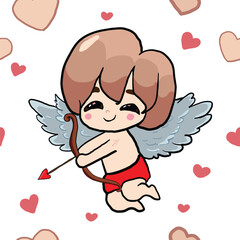Cute cupid with heart, arrow, and bow, surrounded by angelic wings, in a Valentine’s Day themed illustration, saemless pattern.