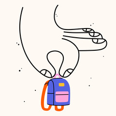 Hand holding school stuff. Hand draw flat vector illustration with the big hand with the colorful backpack. Trendy isolated illustration, education concept.