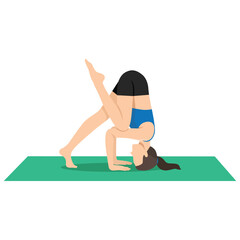 Woman doing Tripod Headstand Prep One Knee On Elbow or Catur Svanasana Sirsasana Eka Janu Kurpara. Flat vector illustration isolated on white background
