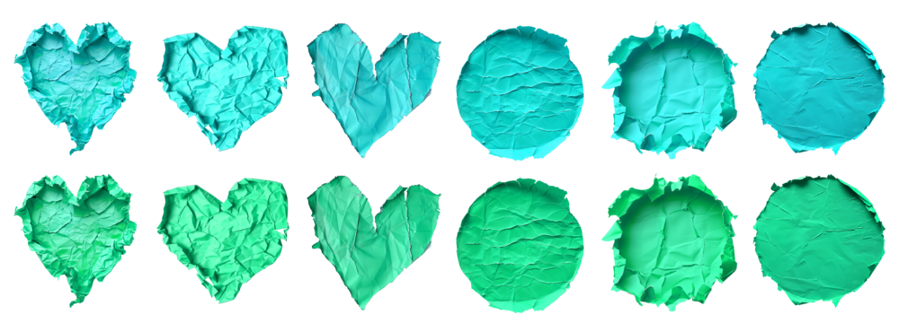 Collection set of turquoise blue green crumpled crushed scrunched torn paper heart love, circle round shape on transparent cutout, PNG file. Many different design. Mockup template artwork graphic