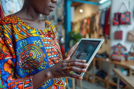 African designer and small business owner with tablet in studio