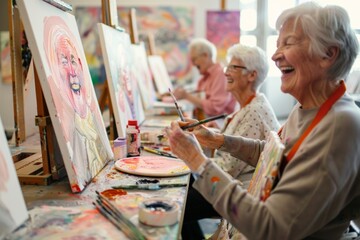 Seniors engaging in a lively painting class, a group of elderly people of European descent creating artwork on canvases. senior creativity, art therapy, painting workshop, elderly engagement, Concept: