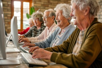Elderly people learning technology in a classroom setting, featuring five older adults of European descent using laptops. Concept: senior education, technology learning, digital literacy, elderly