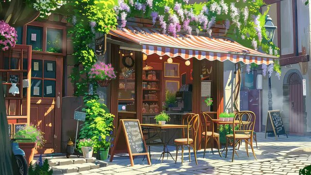 Animation Charming outdoor caf&eacute; with rustic wooden furniture generated with ai