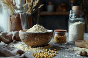 Various organic ingredients for home baking, including flour, brown rice, spices, and sugar.