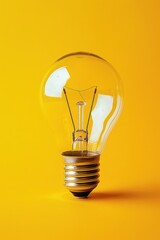 Yellow LED light bulb with a bright glow, set against a yellow background. A symbol of energy efficiency and environmentally friendly living.