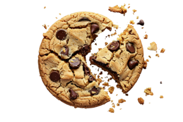 Broken chocolate chip cookies crafted with premium ingredients. Isolated on a white background.
