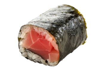 Tuna maki roll with a thin layer The tuna is in a sheet of seaweed. isolated on white background.