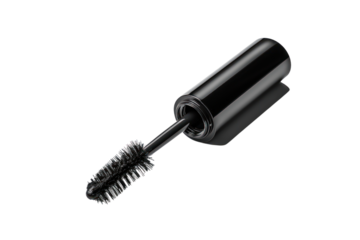 Luxurious gold-plated mascara brush packaging With a stylish black tube and a crystal clear stick. Isolated on white background.