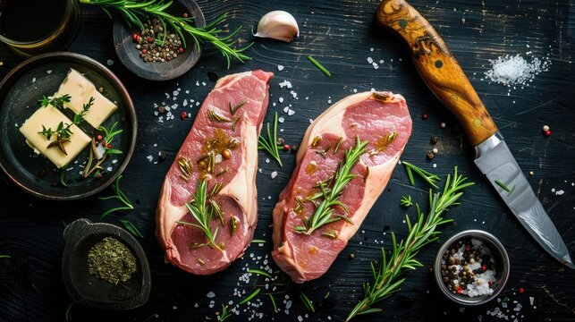Top view of two raw pork steaks on rustic black wooden table with rosemary butter spices knife and garlic