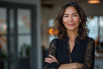Fototapeta premium Confident Hispanic senior businesswoman smiling in office.