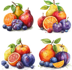 Fruits Orange Apple Pear Plum Watercolor Set Vector Illustration.