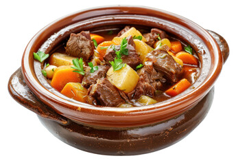 A hearty beef stew filled with tender meat, vegetables, and a rich, flavorful broth. Isolated on white background.