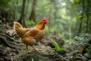 Fototapeta premium A golden hen standing on a rock in a lush green forest