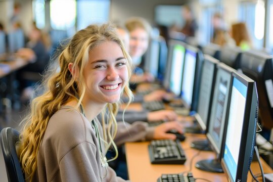 Cheerful teenage girl with European features in a computer lab, smiling at the camera, surrounded by students working on computers, bright and modern classroom environment, horizontal composition with