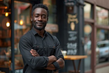 Obraz premium Black male business owner standing outside coffee shop