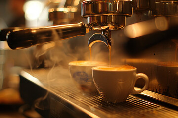 Photo of a modern coffee machine making espresso in a black mug, with a close-up on the steaming glass and wood handle. The focus is on the frothy surface of hot coffee being poured into two white mug