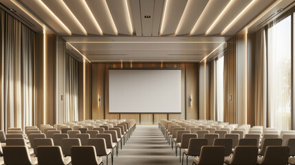 Business event in conference hall meeting room Seminar room indoor style Luxury size small room big screen Frame Mockup chair wood wall background High ceiling big window
