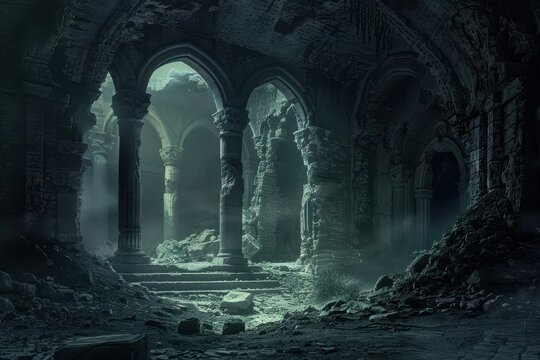 Ancient castle ruins with stone pillars and staircases lie in disrepair and shrouded in mist