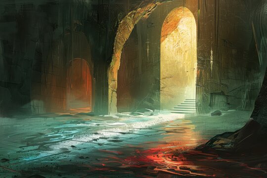 Mysterious chamber with glowing exit and red glowing liquid on the floor