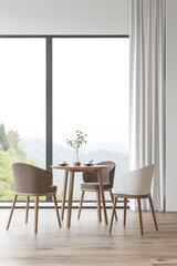 Fototapeta premium Dining room interiors with a dinning table next to a large window in neutral colors. Residential interiors design composition, home decor image.