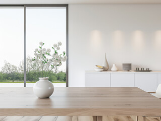 Dining room interiors with a dinning table next to a large window in neutral colors. Residential interiors design composition, home decor image.