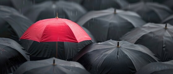 Black umbrellas in the rain, one red umbrella capturing attention, Daring to be different, Innovative distinction