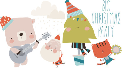 Cute Cartoon Santa Claus celebrating Winter Holidays with Funny Animals. Vector Illustration