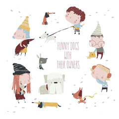 Cute Owners walking with Their Funny Dogs in Winter Park. Vector Illustration