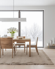 Dining room interiors with a dinning table next to a large window in neutral colors. Residential interiors design composition, home decor image.
