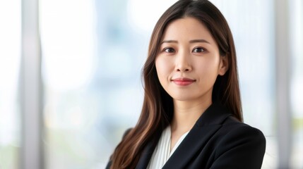 Fototapeta premium Asian businesswoman in a fashionable corporate outfit, modern office setting, poised and elegant, Portrait, Executive poise