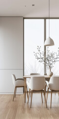 Dining room interiors with a dinning table next to a large window in neutral colors. Residential interiors design composition, home decor image.