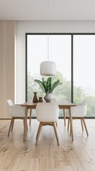 Dining room interiors with a dinning table next to a large window in neutral colors. Residential interiors design composition, home decor image.