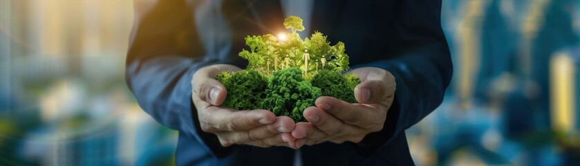 CEO presenting a green business strategy, renewable resources, eco-friendly corporate setting