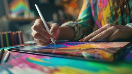 Naklejka premium Designer working on a digital tablet with vibrant designs, artistic desk, creative process