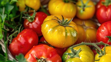 Close-up of fresh, colorful heirloom tomatoes, highlighting their vibrant yellow and red hues, perfect for food photography or culinary projects.