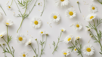 Flat lay of scattered daisy flowers and stems on a white background.